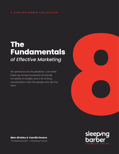 Cover of The 8 Fundamentals of Effective Marketing handbook: a bold red numeral 8 on charcoal with the title and the Sleeping Barber wordmark